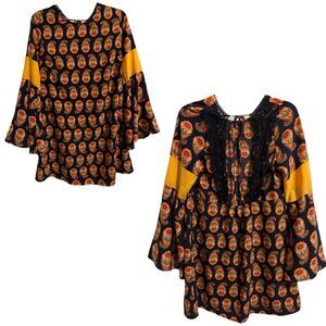 GIANNI BINI Retro Print Bell Sleeve Lace Crochet Open Back Mini Dress L